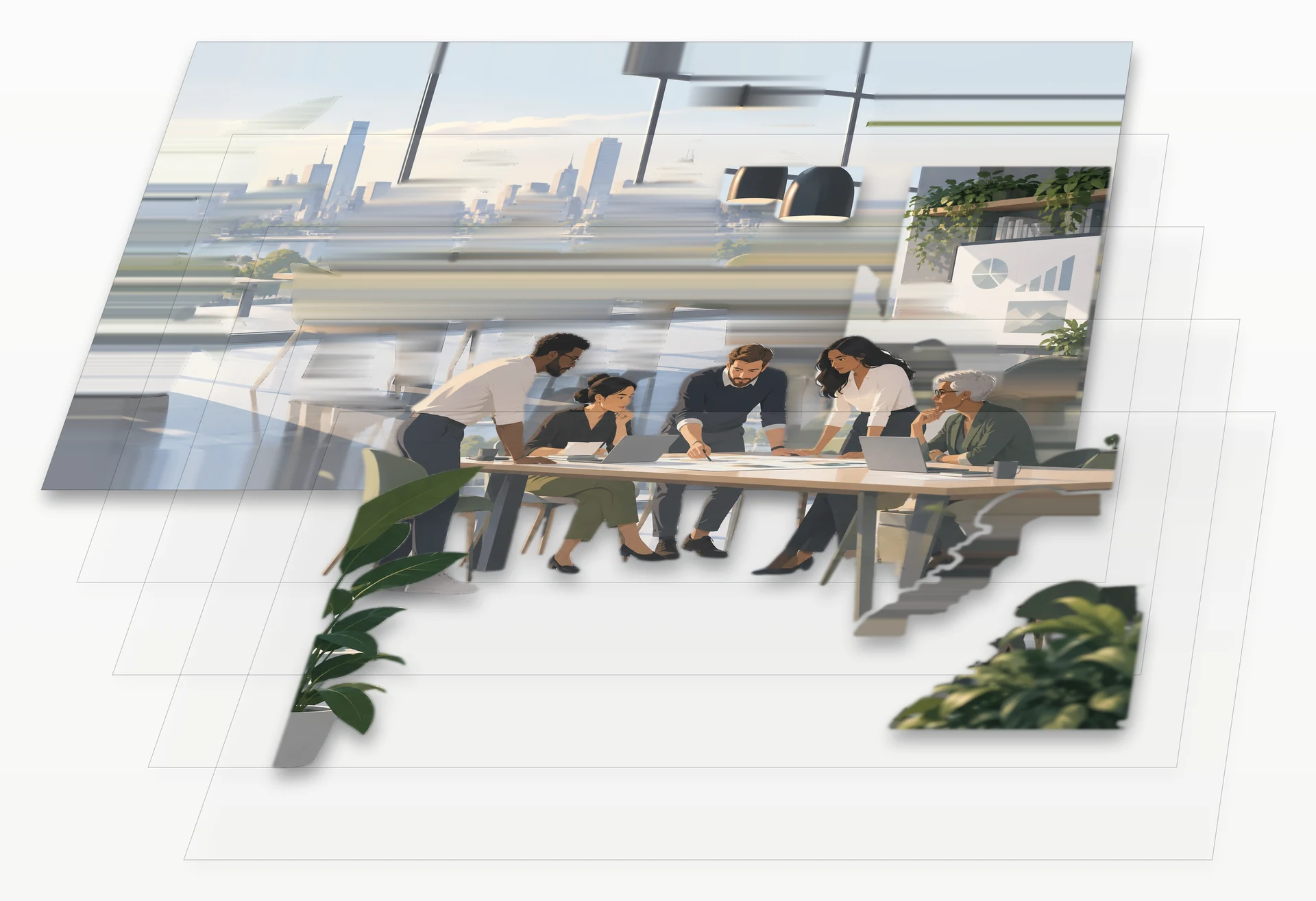 The five depth layers of the illustration, stacked like sheets of glass